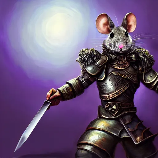 Image similar to armored mouse warrior holding a sword reaches for a purple crystal, trending on Artstation, Oil Painting, 8k, UHD