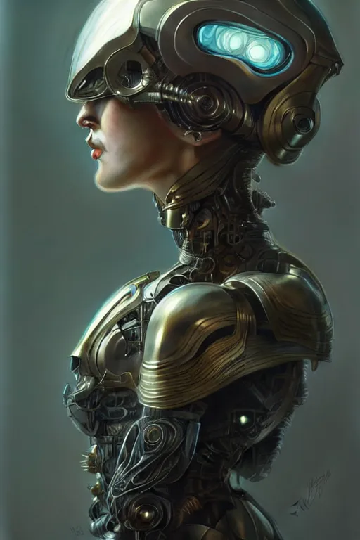 Prompt: organic cyborg female in helmet diffuse lighting, fantasy, intricate, elegant, highly detailed, lifelike, photorealistic, digital painting, artstation, illustration, concept art, smooth, sharp focus, art by john collier and albert aublet and krenz cushart and artem demura and alphonse mucha