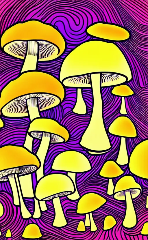 Image similar to psychedelic mushrooms wide angle shot, white background, vector art, illustration by frank frazetta