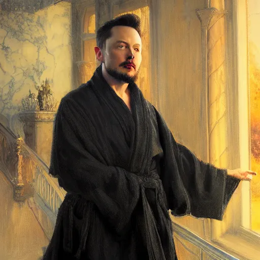 Prompt: detailed realistic cinematic wide shot of beautiful attractive young elon musk with beard tech man wearing black bath robe slim face symettrical face clean skin black eyes black robe smooth, sharp focus, ultra realistic, spring light, painting by gaston bussiere, craig mullins, j. c. leyendecker