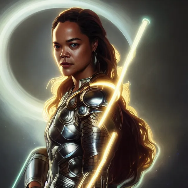 Image similar to close up portrait of tessa thompson as thor wearing shiny silver armor, glowing hair, glowing light armor, subsurface scattering, ethereal, artistic, temple background with light rays, fantasy atmosphere. art by artgerm, greg rutkowski and alphonse mucha, 3 d artstation octane render,