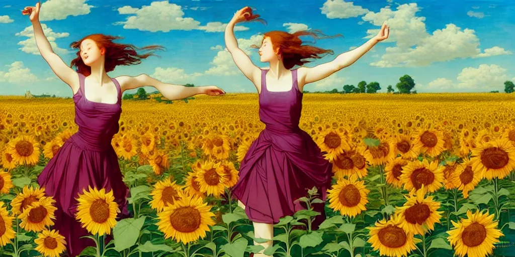 Image similar to beautiful young girl dancing in a fiery dress in a beautiful field of sunflowers and lilies, like leonardo da vinci sketches! in the style of studio ghibli, j. c. leyendecker, greg rutkowski, artgerm