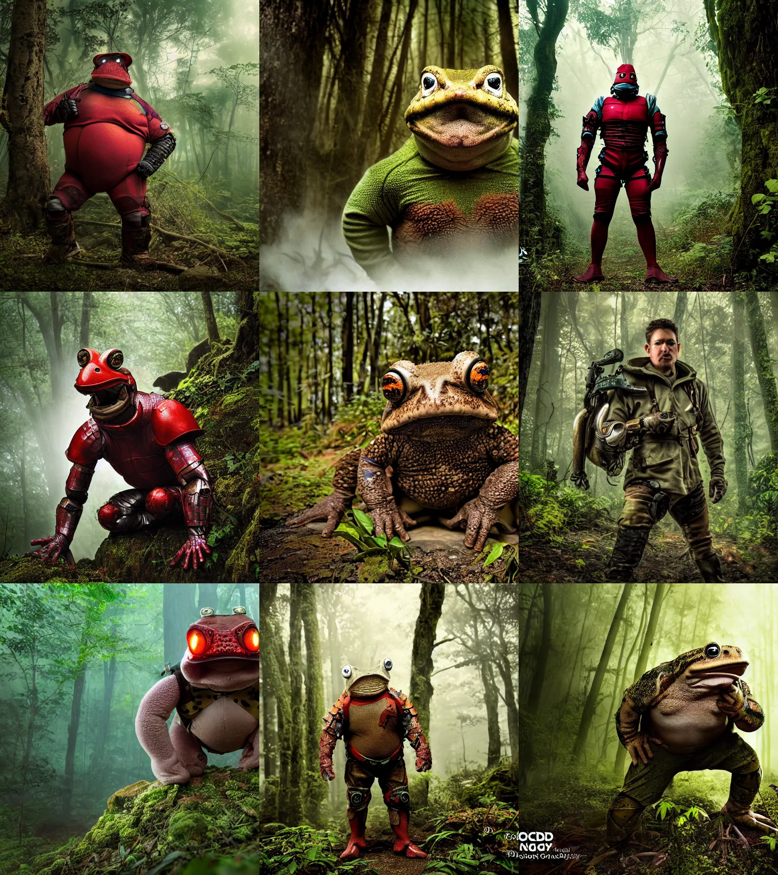 Prompt: photograph by discovery channel!!!! full shot!!! toad superhero cyborg! rugged knight, fog, in deep forest jungle