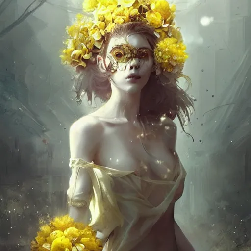 Image similar to a woman in a white dress with yellow flowers on her body, cyberpunk art by bastien lecouffe - deharme, karl bryullov, and clint cearley trending on cgsociety, fantasy art, dystopian art, apocalypse art, rococo