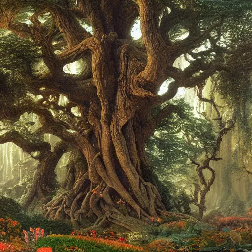 Image similar to a beautiful and highly detailed matte painting of a giant tree in a magical garden in lush forest in the valley of dreams, intricate details, epic scale, insanely complex, 8 k, sharp focus, hyperrealism, very realistic, by caspar friedrich, james gurney, brian froud,