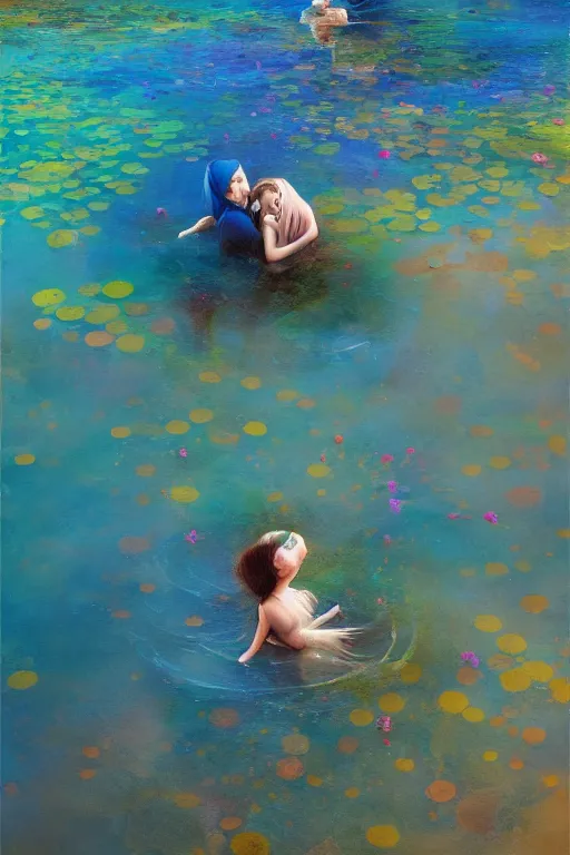 Image similar to nenufar in a pond, colorful, blue backgroung,clean, joyful, intricate, elegant, volumetric lighting, digital painting, highly detailed, artstation, sharp focus, illustration, concept art, ruan jia, steve mccurry