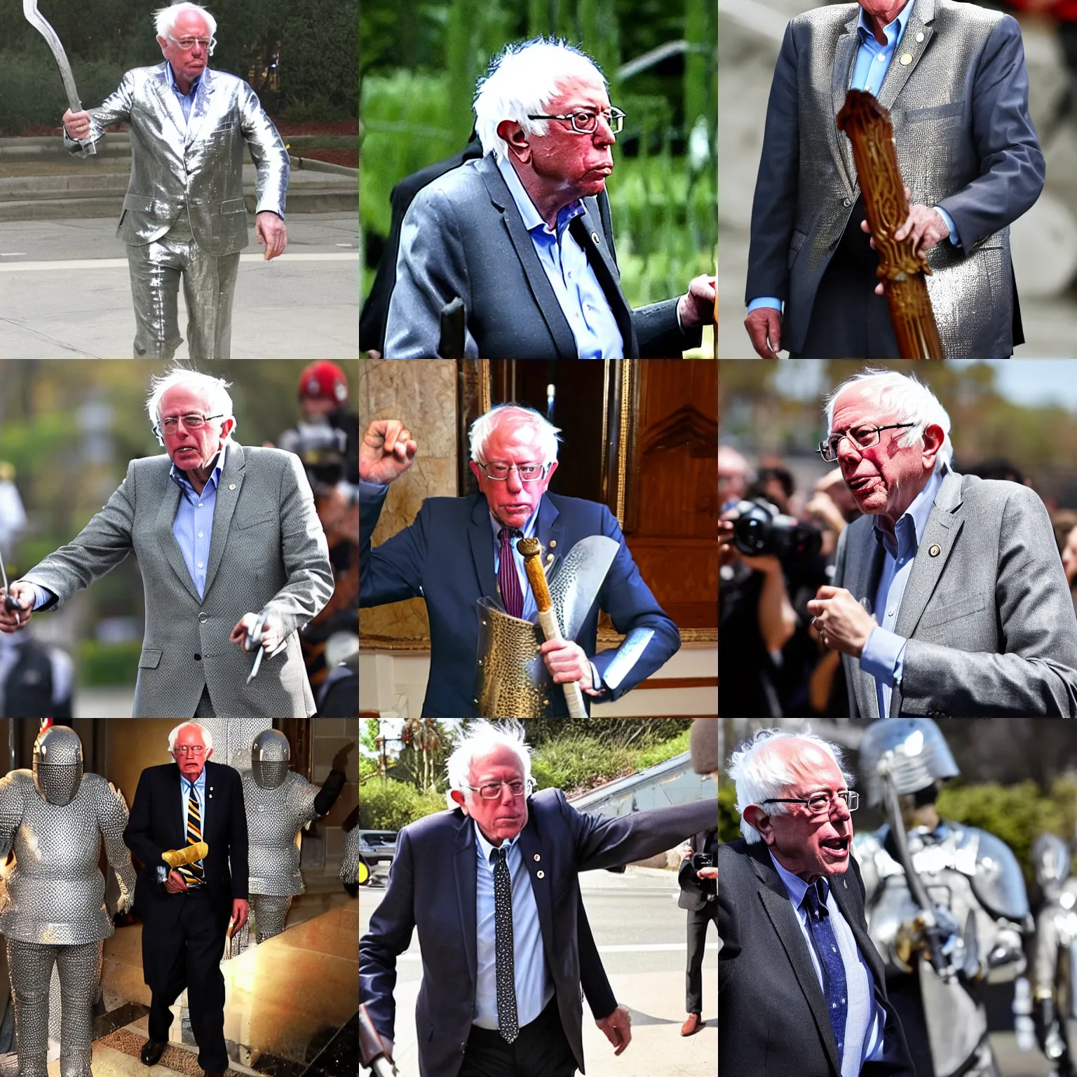 Prompt: paparazzi photograph of bernie sanders wearing a shiny suit of platemail armor and holding a sword