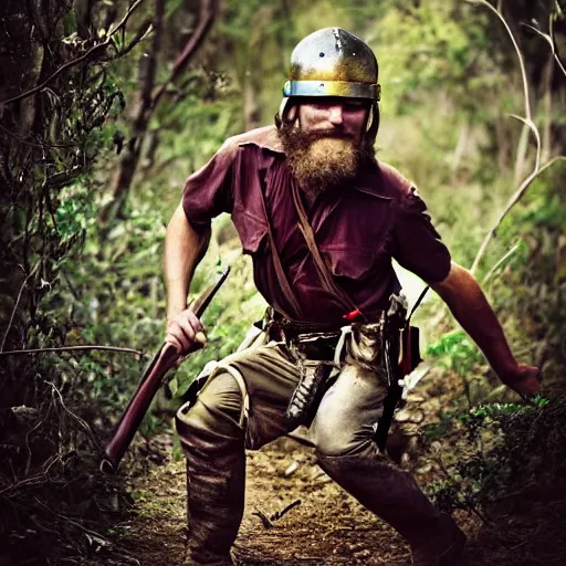 Image similar to australian bushranger wearing metal helmet, award winning epic action photography in rich colors