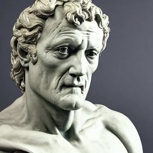 Image similar to a sculpture by michelangelo with the likeness of rutger hauer