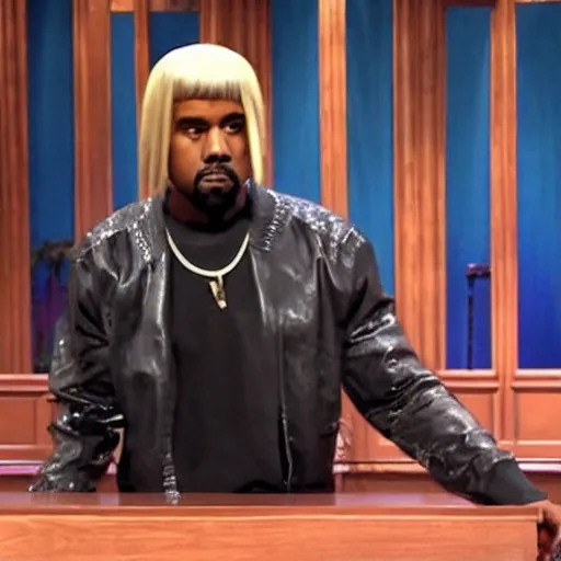 Prompt: kanye west wearing a blond wig snl monologue