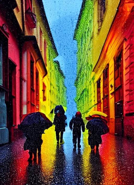 Prompt: colored gummy bears walking down a rainy street in sopron, by james gurney, cyberpunk, dystopian art, epic, dramatic lighting, intricate details, scifi, hd