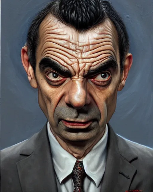 Image similar to portrait of mr bean, gritty, dark, very detailed, hyperrealistic, very detailed painting by Glenn Fabry, by Joao Ruas