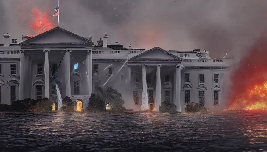 Prompt: washington dc underwater, lifeboat, rescue, damaged collapsed buildings, white house on fire, storm, fire and ashes, hyperdetailed, artstation, cgsociety, 8 k