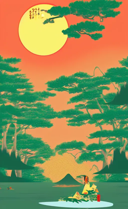 Image similar to hanafuda, huge japanese gru standing at a lake in the middle of japanese pines, a big red sun in the background, front game card, vector line art, trending on artstation, concept art, stunning, matte