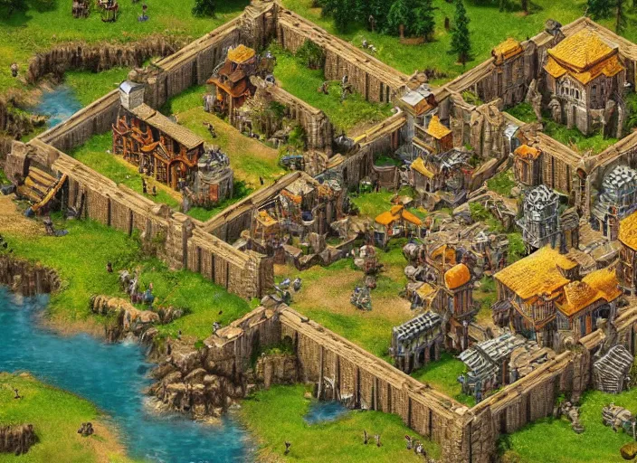 Prompt: isometric map of age of empires video game, procedural, top down, AOE2 , civilization, river, forest, cave, mountain, game level, map, woods, hills, buildings, snow, , digital art,realistic,detailed,art by greg rutkowski