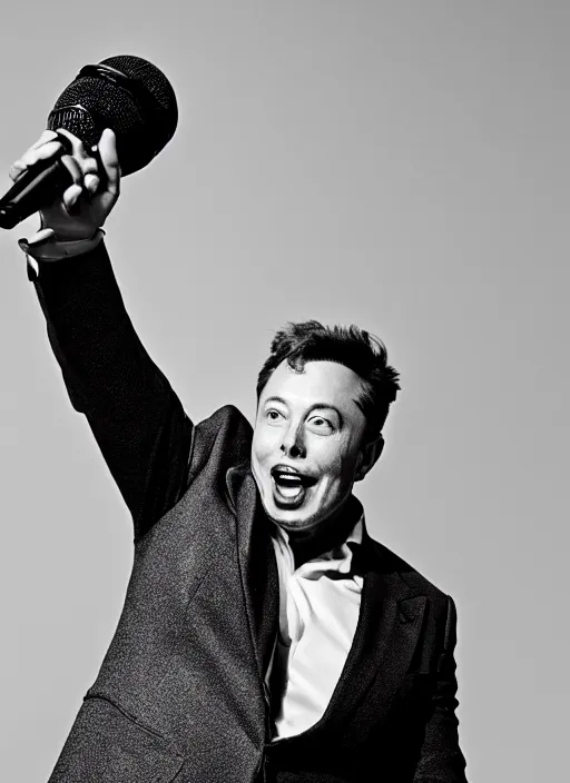 Prompt: Portrait of Elon musk wearing a suit, screaming into an old microphone . Black and white, high contrast