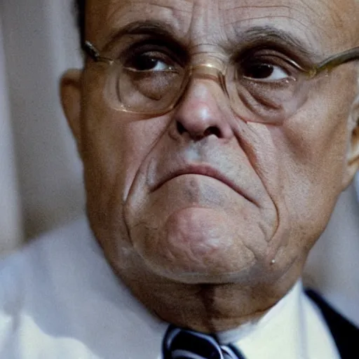 Image similar to closeup hyper detailed portait film color photograph of rudy giuliani looking very upset and frightened covered in white powder holding an envelope