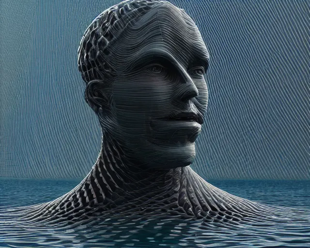 Image similar to a long shot of a giant human head award winning sculpture on the surface of the ocean, in the style of chad knight, hyper detailed, hyper realistic, ray tracing, 8 k resolution, sharp focus