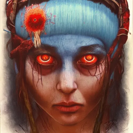 Image similar to A young blindfolded shaman woman with a decorated headband from which blood flows, blue hair and wood on her head. The background is a forest on fire, made by Esao Andrews and Karol Bak and Zdzislaw Beksinski