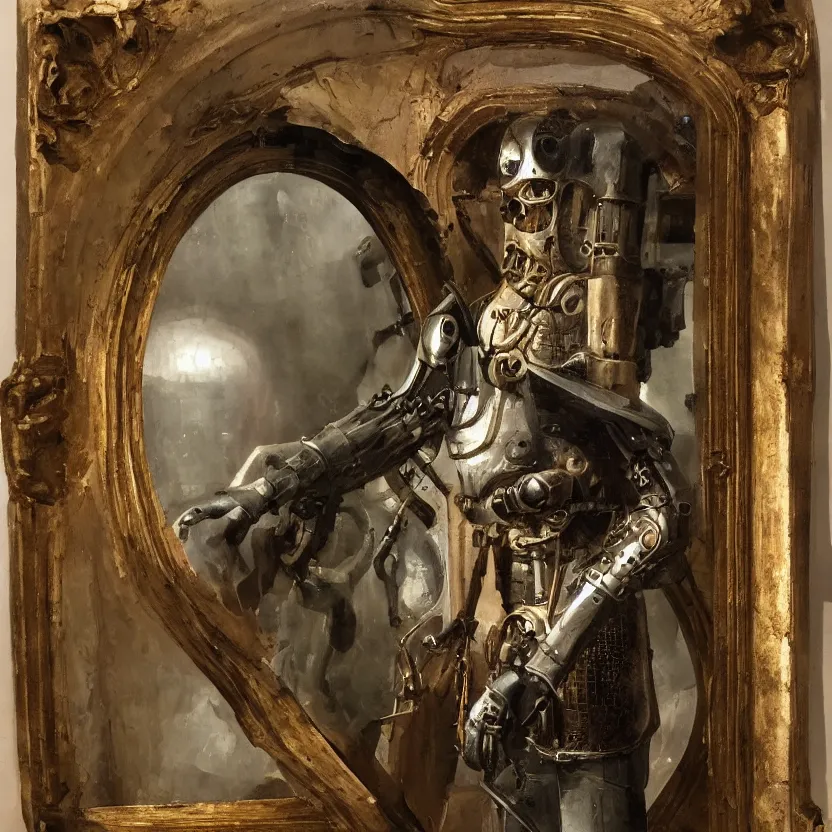 Prompt: oil painting of a medieval cyborg looking its reflection on a big mirror, mechanism visible symmetric defined ultra hd realistic tones