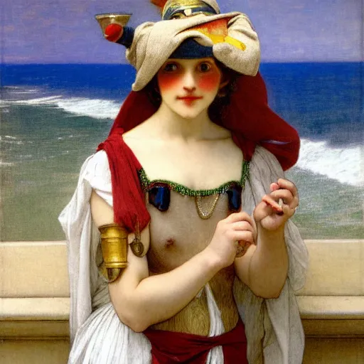 Image similar to A girl with jester hat and clothes on the front of a Balustrade with a beach on the background, major arcana clothes, by paul delaroche, alphonse mucha and arnold böcklin arnold böcklin hyperrealistic 8k, very detailed