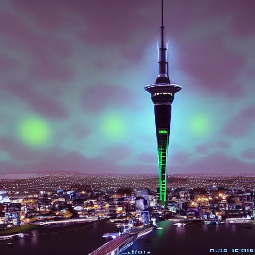 Prompt: auckland sky tower furturistic, green lighting, cyberpunk, evil, artstation, octane render