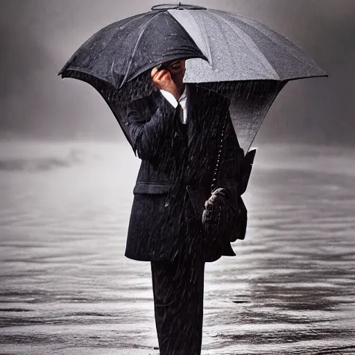 Image similar to Portrait of a British man holding an umbrella, facial asymmetry, striking features, tack sharp, rainy weather, fine-art photography, 180mm f/1.8, by Steve McCurry