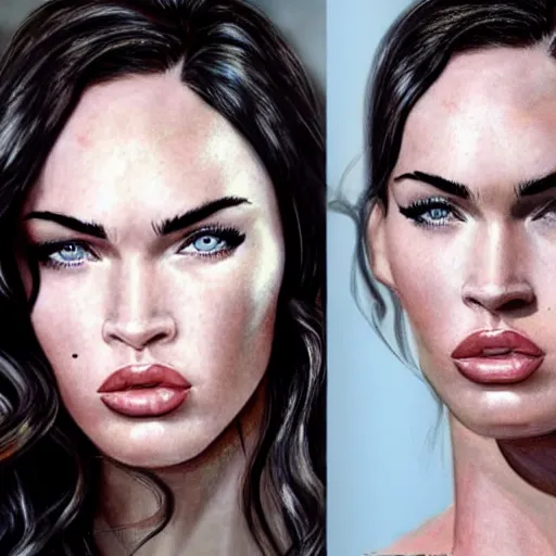 Image similar to megan fox sticking her tongue out. hyperrealistic portrait, photo realistic, poster, artstation, volumetric lighting, digital art, very detailed face by magali villeneuve and by richard meril