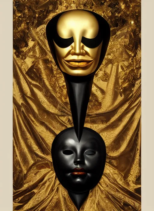 Image similar to highly detailed oil painting | very intricate | cinematic lighting | black, white and gold color scheme, dark background | the tiki mask by alexander mcqueen | by roberto ferri, by gustav moreau, by singer sargent and klimt, american romanticism, occult art | by austin osman spare, artstation, cgsociety, official art, octane