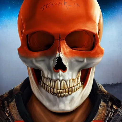 Image similar to a portrait of a skull with vampire teeth, in an orange racing helmet by sandra chevrier, detailed render, epic composition, cybernetics, 4 k realistic, cryengine, realistic shaded lighting, sharp focus, masterpiece, by matteo scalera, gary montalbano, peter elson in the style of the tokyo ghost comic