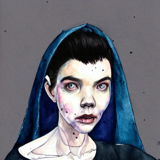 Image similar to full body detailed watercolor illustration of alien anya taylor - joy mixed with jennifer connelly, reading a book, unsettling, hooded long black feathered cloak, uncanny valley, with black feathers instead of hair, gothic, guillermo del toro, gray mottled skin, pale and sickly, profile view, - - ar 9 : 1 6