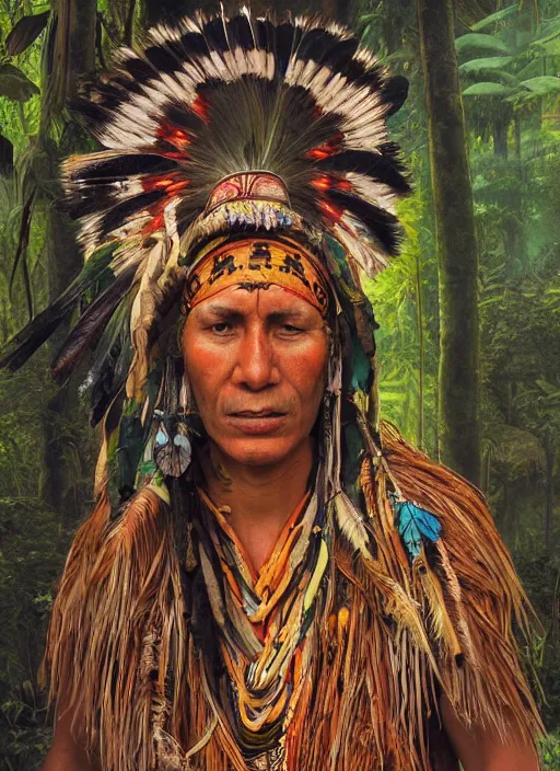 Image similar to a beautiful painted portrait of an indigenous shaman chanting in the jungle, matte painting, fantasy art, ayahuasca