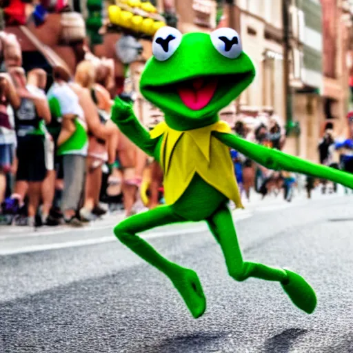 Image similar to Kermit the frog running a marathon photo 4k hd