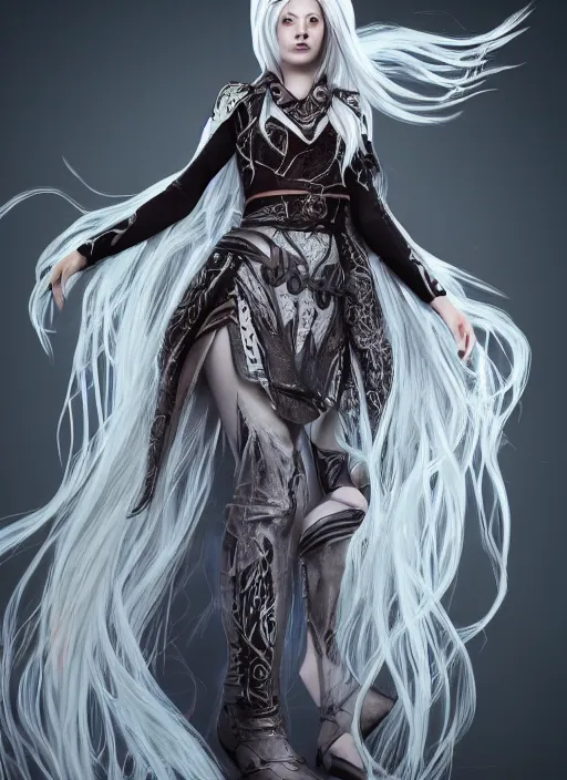 Image similar to An epic fantasy comic book style full body painting of a pale girl with long straight white hair, she is wearing a dress with a chess pattern, Unreal 5, DAZ, hyperrealistic, octane render, cosplay, RPG portrait, dynamic lighting
