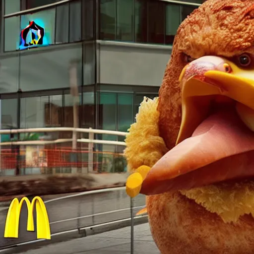 Prompt: giant chicken destroying a mcdonalds, vfx, film, hd