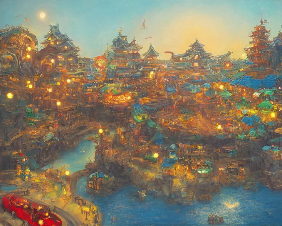 Image similar to an achingly beautiful oil painting of Tokyo DisneySea by Raphael and Hopper.