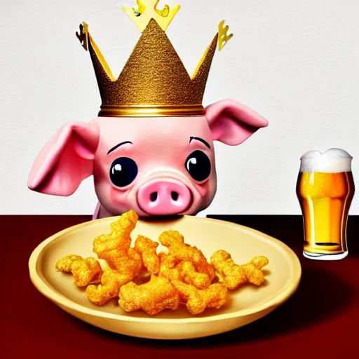 Image similar to realistic photo of a cute puppet pig wearing a gold crown drinking beer and eating a bowl pork rinds a table with a bib on, high quality, cinematic concept art