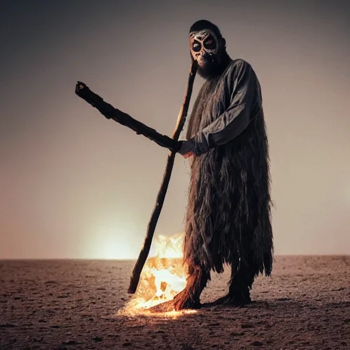 Image similar to full body shot of old asian man with long beard, his head covered in roots, full face occult silver mask, glowing eyes, holding a large carved wooden fractal stick, thick smoke around him, in the burning soil desert, cinematic shot, wide angle, desert background, volumetric lighting by Denis Villeneuve, Lubezki, Gaspar Noe, Christopher Doyle and Alejandro Jodorowsky, anamorphic lens, anamorphic lens flares, kodakchrome, cinematic composition, practical effects, award winning photo, 8k