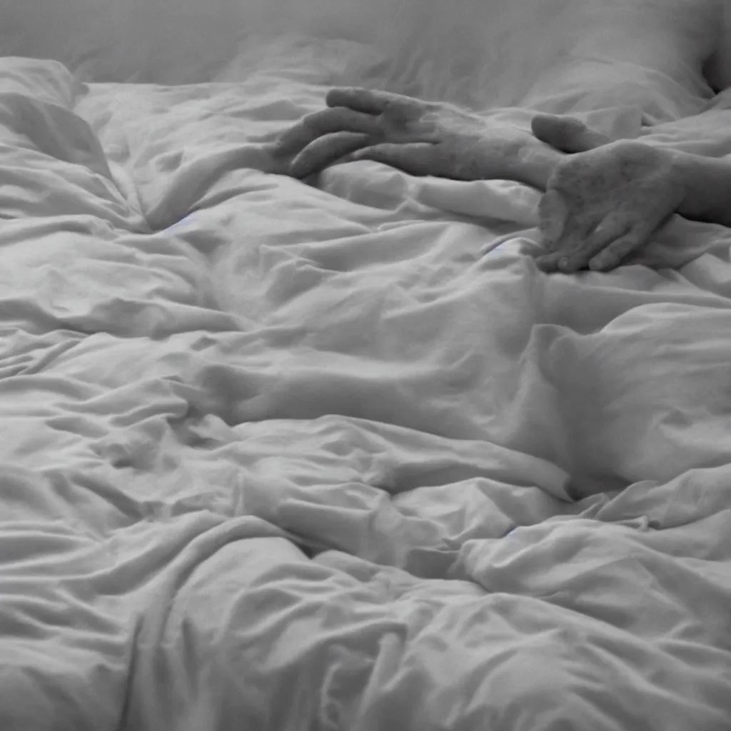 Prompt: close - up on the air - conditioning with water running on the white sheets of a girl's bed, hand of a teenager girl, ablurred, depth of field, unframed, by gerhard richter and nadav kander, 8 k hyper realistic detailed cinematic still