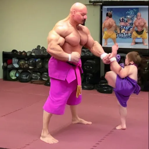 Prompt: a very muscular bald Bodybuilding dwarf is wearing a pink dress. he has a purple chin beard. he is doing karate and is fighting with kids.