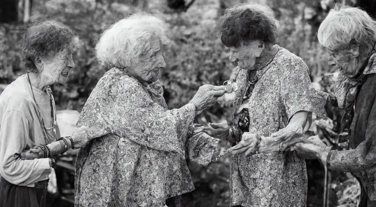 Prompt: one old woman giving a jewel to one young man