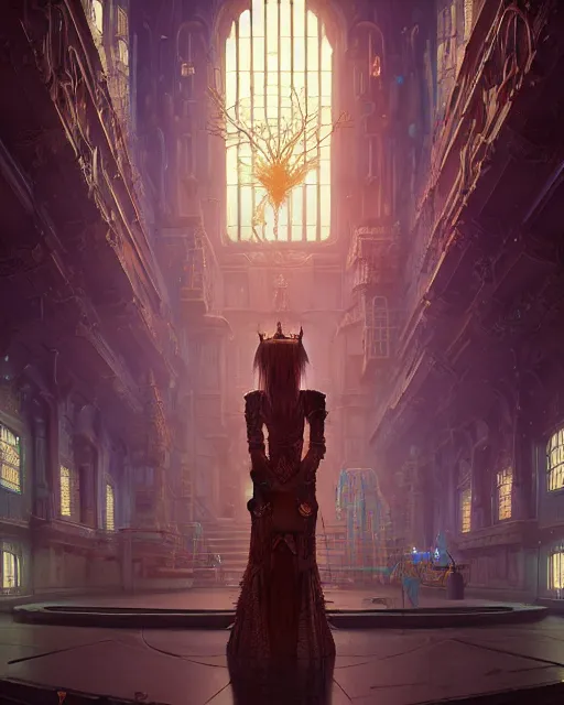 Image similar to highly detailed surreal vfx portrait of a cyberpunk queen in a majestic castle by golden tree, stephen bliss, unreal engine, greg rutkowski, loish, rhads, beeple, makoto shinkai and lois van baarle, ilya kuvshinov, rossdraws, tom bagshaw, alphonse mucha, global illumination, detailed and intricate environment