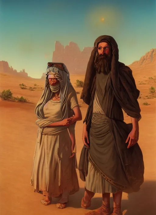 Prompt: highly detailed painting of two jews in the desert, unreal engine, greg rutkowski, ilya kuvshinov, ross draws, tom bagshaw, tom whalen, nicoletta ceccoli, mark ryden