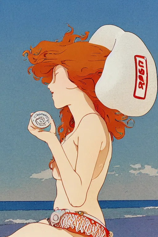 Prompt: A girl in a white lacy bikini and white sun hat and Holding a heart-shaped lifebuoy, jumping for joy,long orange hair floating on air ,Waves and splashes,beach ,Smooth visual lines,graphic Design by mucha and studio ghibli