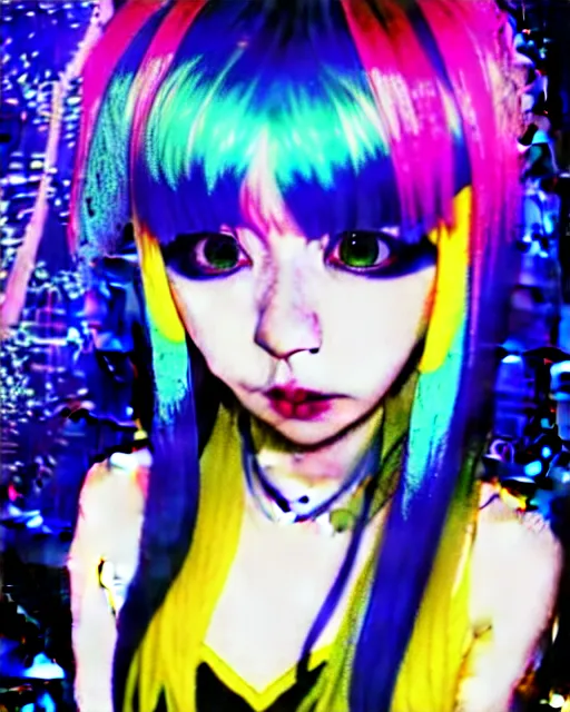 Prompt: neo tokyo japanese anime kawaii decora hologram of rimuru tempest, colourful blue hair, golden yellow eyes, wearing black stylish clothing, holography, irridescent, baroque visual kei glitch art