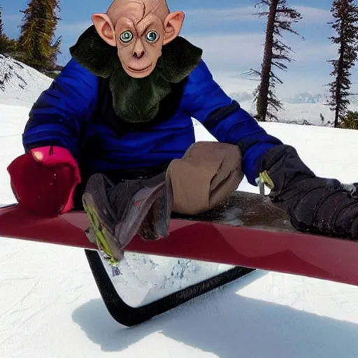 Image similar to Gollum on snowboard with sigarette