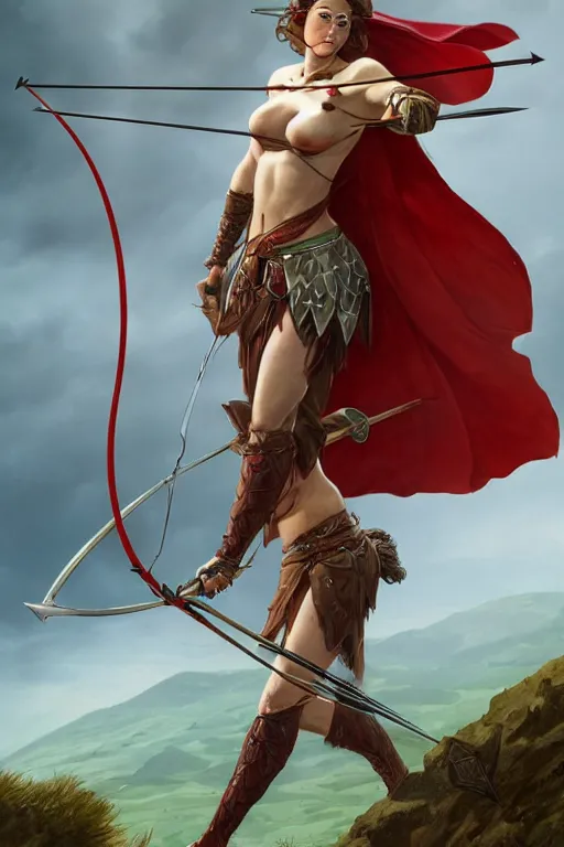 Prompt: full - body matte portrait of a voluptuous female archer in a heroic pose at the top of a mountain dressed with red and green leather armor and holding a silver greatbow, d & d, epic fantasy, by artgerm, andreas rocha, greg rutkowski, mucha, sharp edges. ultra clear detailed. 8 k. elegant. octane render