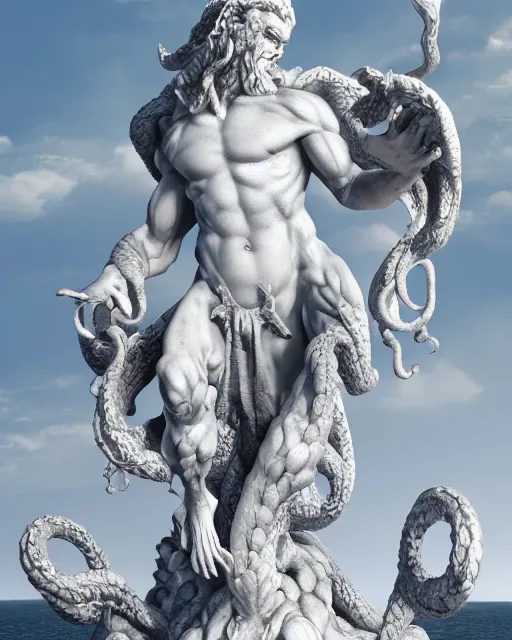 Image similar to an old marble statue of a hydra from herculean myths, hyper realistic, 4 k, grainy marble, hyper detailed