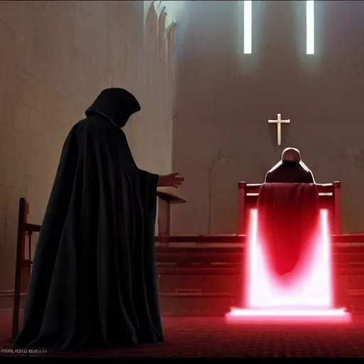 Image similar to emperor palpatine preaching to people at church, 8k cinematic lighting, very sharp detail, anatomically correct