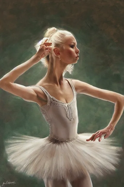 Image similar to An extremely beautiful detailed painting of a blonde haired polish princess in ballet posture, movement, extremely detailed, ultra complex clothing, green eyes, long hair, royal, round face, artstation, oil painting, award winning